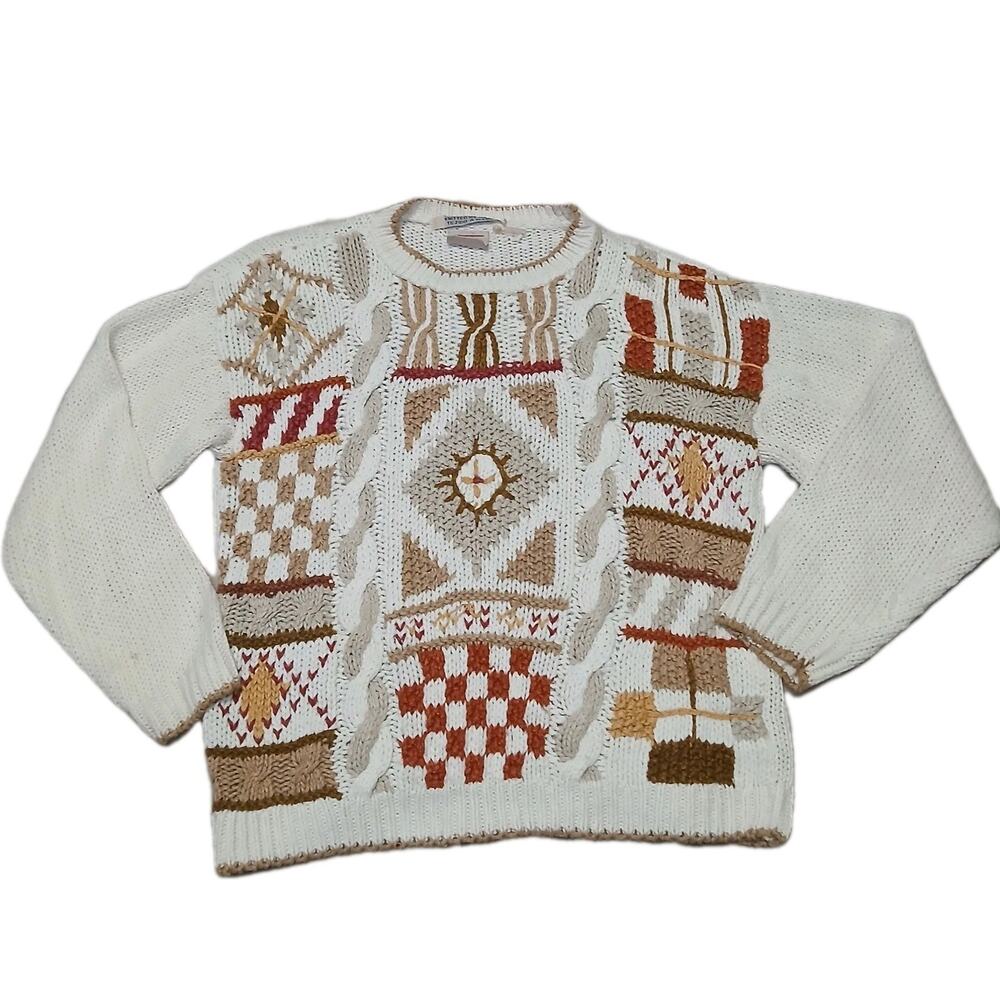 Huntington Ridge Hand Knit Sweater Women’s L Chunky Patchwork Cable Knit Boho